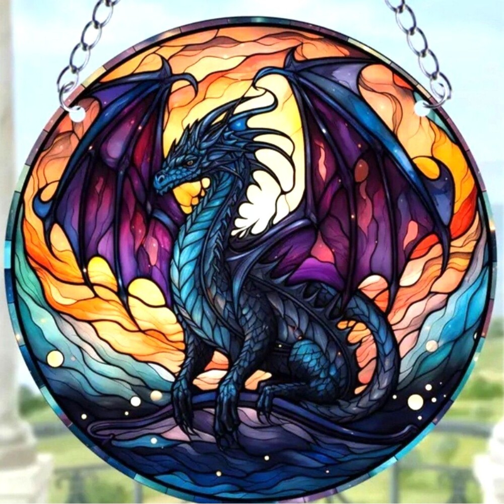Stained glass style‎ Purple dragon window handing wall decor